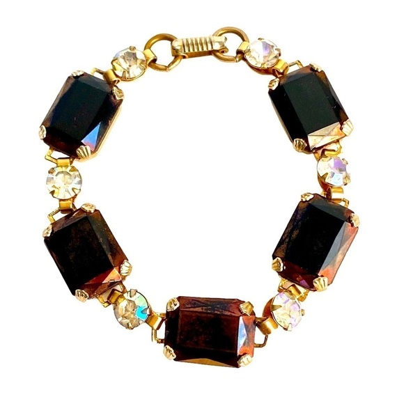 Vintage Root Beer Brown Rhinestone Bracelet Iridescent Aurora Borealis Crystal - Picture 1 of 8